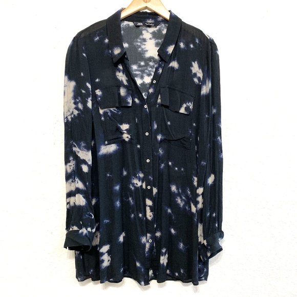 Zara Tunic Womens L Button Down Crinkle Tie-Dye Long Sleeve Pockets Loose Fit - Picture 2 of 13